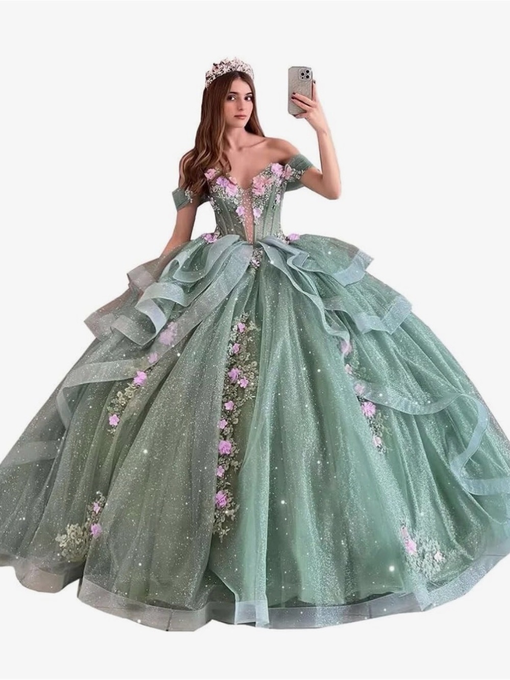 Quincenara, Sweet 16, Prom, Mint Green Off-Shoulder Ball Gown, Floral Appliqué